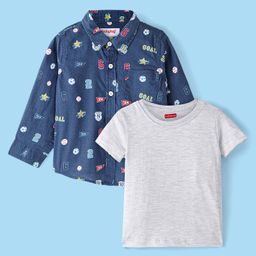 Babyhug Cotton Woven Full Sleeves Shirt with Inner Tee Sports Print - Navy Blue-image-83