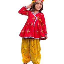 Aglare Janmashtami Theme Full Sleeves Embroidered And Foil Striped Printed Kurta And Dhoti - Red And Yellow-image-13