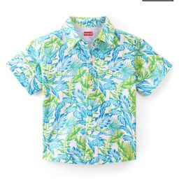 Babyhug 100% Cotton Knit Half Sleeve Shirt With Tropical Print - Blue & Green-image-7