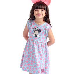 Babyhug Disney Cotton Jersey Knit Sleeveless Minnie Mouse Printed Frock with Frill Detailing - Blue-image-62