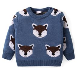 Babyhug Knitted Full Sleeves Pullover Sweater with Fox Design - Blue-image-58