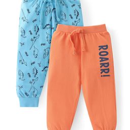 Babyhug Cotton Knit Lounge Pants with Dino & Text Print Pack of 2 - Orange & Navy-image-48