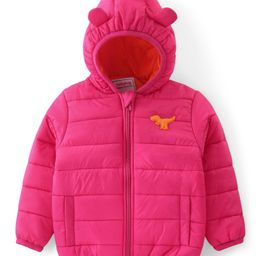 Babyhug Woven Full Sleeves Padded Hooded Jacket with Dino Applique - Fushsia-image-34