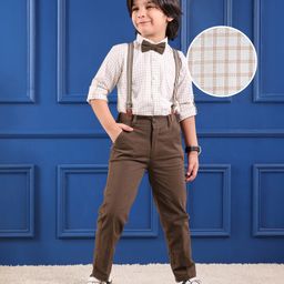 Mark & Mia Full Sleeves Checkered Party Shirt & Trouser Set with Bow & Suspender - Brown-image-63