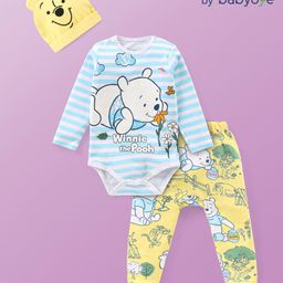 Babyoye Disney Interlock Knit Full Sleeves Winnie The Pooh Printed Striped Onesie with Diaper Legging & Cap - White & Yellow-image-85