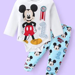 Babyhug Disney Interlock Knit Full Sleeves Onesie Set With Diaper Leggings & Mickey Mouse Graphics Badge Applique - White-picture-2