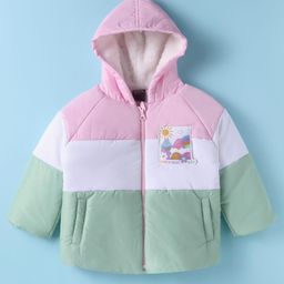 Little Kangaroos Knit Full Raglan Sleeves Hooded Padded Jacket With Colour Block Design & Text Patch - Pink-image-63