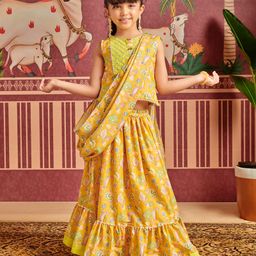 MASTARANG Sleeveless Floral Printed Ready To Wear Saree - Mustard-image-8