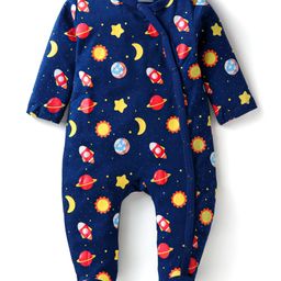 Babyhug Cotton Knit Full Sleeves Front Open Footed Sleep Suit with Space Theme Print - Navy Blue-image-15