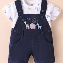 ToffyHouse 100% Cotton Knit Dungaree & Half Sleeves Inner Tee Animal Print & Embroidery - Navy Blue & White-picture-31