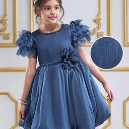 Mark & Mia Woven Frill Sleeves Party Dress With Floral Applique - Navy Blue-picture-4