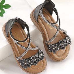 Babyoye Zip Closure Sandals with Rhinestone Detailing - Black-image-80