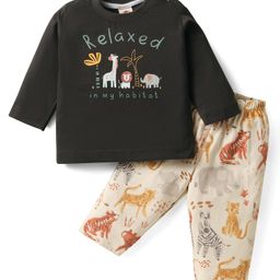 Zero Sinker Knit Full Sleeves T-Shirt & Lounge Pant Set With Animal Print - Charcoal Grey-image-90