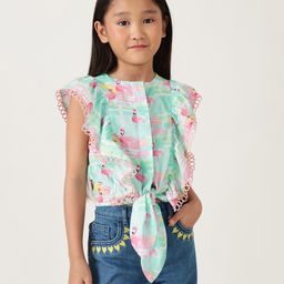One Friday 100% Cotton Woven Sleeveless Flamingos Printed Frill Detailed Top - Multi Colour-image-68