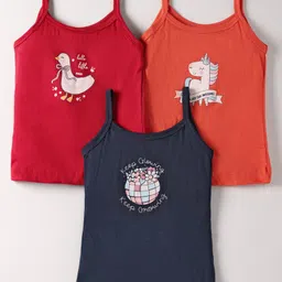 Revvo Junior Cotton Knit Sleeveless Slips with Unicorn & Floral Print Pack of 3 - Red & Navy Blue-picture-18