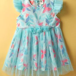 ToffyHouse Cotton Woven Frill Sleeves Frock With Floral Print & Applique - Light Blue-picture-27