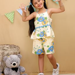 Superminis Rayon Woven Sleeveless Floral Printed Peplum Top & Coordinating Shorts Set - Blue & Yellow-image-36