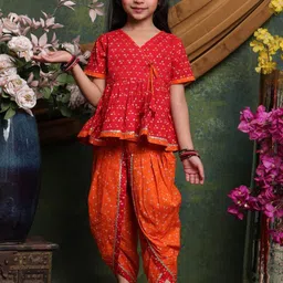 SAKA DESIGNS Girls Bandhani Printed Angrakha Pure Cotton A-Line Kurti With Dhoti Pants-image-16