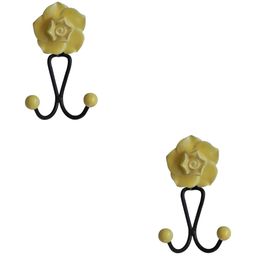 IndianShelf Yellow & Black 2 Pieces Flower Textured Ceramic Wall Hooks-11