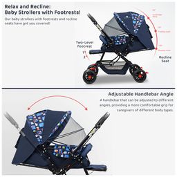 StarAndDaisy Baby Stroller with Lightweight, Stroller for Baby Boy 0 to 3 years, Pram for Baby with 3-Point Safety Harness, Adjustable Backrest, 360° Swivel Wheel, Large Storage, Reversible Handlebar, Extended Mosquito Net (Square Print) image 5