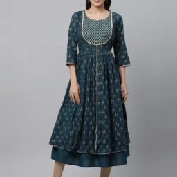 Aurelia Green Cotton Printed Flared Kurta-2