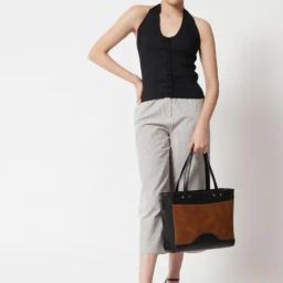 THE GUSTO Black & Tan Color Block Medium Tote Handbag image 3