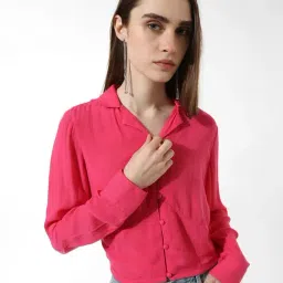 Only Pink Viscose Slim Fit Crop Shirt-image-78