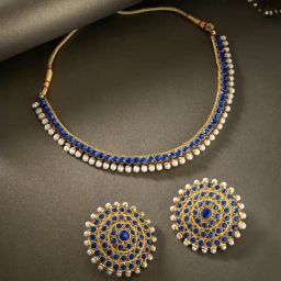 Peora Gold-Plated Blue Choker Necklace & Big Round Stud Earrings Jewellery Set-15
