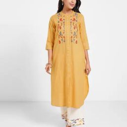 Rangmanch By Pantaloons Buff Yellow Cotton Regular Fit Embroidered Kurta-picture-47
