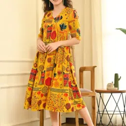 Rustorange Yellow Printed A-Line Dress-image-70