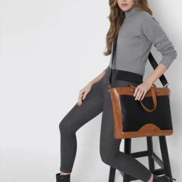 THE GUSTO Tan & Black Color Block Medium Tote Handbag image 5