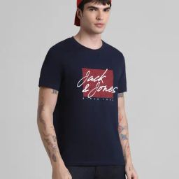 Jack & Jones Navy Blue Cotton Slim Fit Printed T-Shirt-image-15