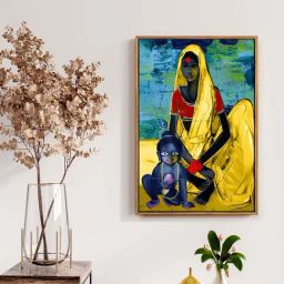 999Store Yellow Canvas Lord Krishna Yashoda Maa Bal Gopal Painting With Frame-25