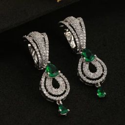 Aatmana Green & White Rhodium-Plated AD Studded Teardrop Earrings for Women-18