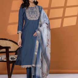 DIZON Floral Yoke Design Sequinned Round Neck Straight Kurta With Trousers & Dupatta-21