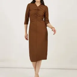 Styli Brown Plain Bodycon Dress-image-60