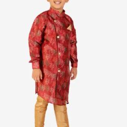 Pro-Ethic Style Developer Kids Red & Beige Printed Full Sleeves Kurta with Pyjamas image 3