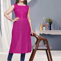 PARROT CREATION Ethnic Motifs Embroidered V-Neck Sequinned Sequinned Kurti-image-5