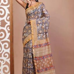 Unnati Silks Mustard & Blue Printed Saree With Unstitched Blouse-picture-13