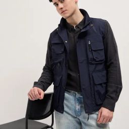 The Bear House Blue Nylon Regular Fit Solid Casual Jacket-image-83