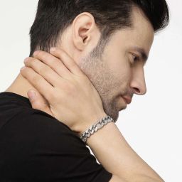NVR Silver-Plated Stainless Steel American Diamond Studded Link Bracelet for Men image 5