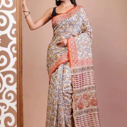 Unnati Silks Cream Printed Saree With Unstitched Blouse-image-5