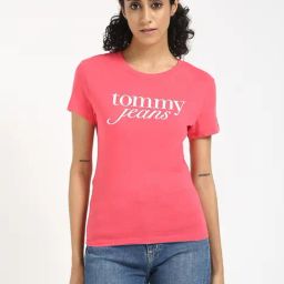 Tommy Hilfiger Pink Cotton Slim Fit Printed T-Shirt-image-58