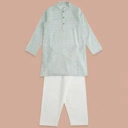 Indus Route by Pantaloons Kids Blue & White Cotton Printed Full Sleeves Kurta Set-image-22