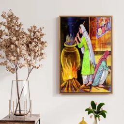 999Store Multicolor Canvas Ladies Preparing Langar Sikh Painting Wall Art-27
