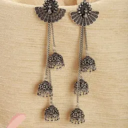 Aatmana Oxidized Silver-Plated Peacock Jhumki Earrings-image-52