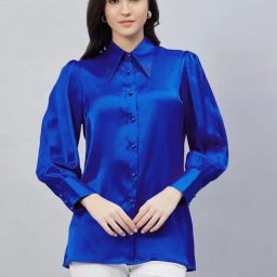 First Resort By Ramola Bachchan Cobalt Blue Shirt Collar Embellished Satin Shirt-image-67