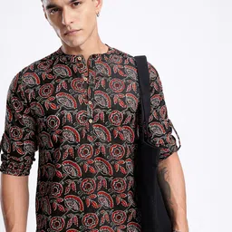 Anouk Rustic Band Collar Indie Floral Printed Roll-Up Sleeves Kurta-image-68