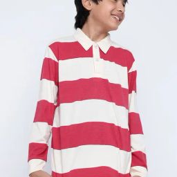 Lil Tomatoes Kids Pink & White Striped Full Sleeves Polo T-Shirt-picture-49