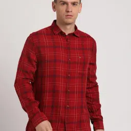 Turtle Red Cotton Slim Fit Chequered Shirt-image-22